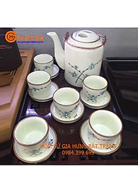 Bộ ấm tích men kem vẽ hoa đào gốm Gia Hưng Bát Tràng