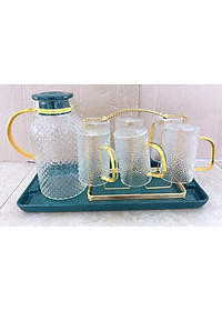 COMBO BÌNH THỦY TINH ĐỰNG NƯỚC UỐNG KÈM 6 CỐC QUAI VÀNG, GIÁ TREO CỐC, KHAY SỨ MÀU XANH CỔ VỊT CHỊU NHIỆT CÁO CẤP - ANTH254