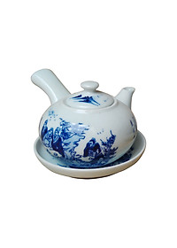 Bộ ấm chén men lam quai ngang Trúc Lâm Thất Hiền gốm sứ Bát Tràng (bộ bình uống trà, bộ bình trà)