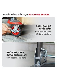 Xe đẩy hàng 4 bánh gấp gọn sàn thép FUJIHOME nhập khẩu, xe kéo hàng xếp gọn, bánh xe có chốt hãm - hàng chính hãng