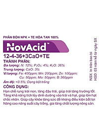 Phân bón hòa tan Israel Novacid 12-40-36+3CaO+Te, Hoà tan 100% sử dụng cho hệ thống tưới nhỏ giọt và tưới phun. Hạn chế rụng trái non, thúc hoa ra màu đẹp và tăng sức đề kháng cho cây trồng