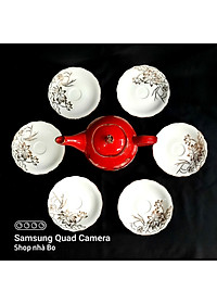 Bộ ấm chén Bát Tràng cao cấp mẫu đơn đỏ vẽ sen vàng