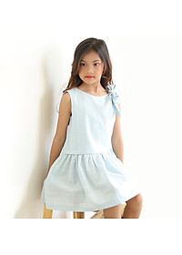Đầm Bé Gái Kika Linen Xanh Hạ  Eo Nơ Vai K117