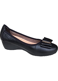 [HÌNH ẢNH THẬT]  Giày nữ đế xuồng 3cm Trường Hải đính nơ xinh màu đen da bò cao cấp mềm mại đế xuồng cao su chống mòn không trơn DX0311