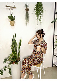 Bộ Pyjama nữ, đồ mặc nhà VILADY- B139 Quần Dài Tay Cộc Họa Tiết Con sò Màu Đỏ Đô, chất liệu lụa Pháp