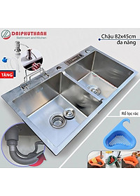 COMBO Chậu Rửa Bát Inox 2 Hộc 82x45cm Đa Năng Kèm Vòi - Chậu đủ xi phông, 2 lựa chọn vòi, tặng 2 món phụ kiện
