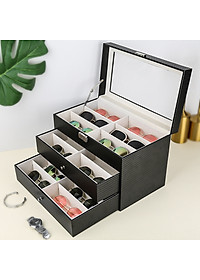 Hộp Đựng Mắt Kính 3 Tầng Đựng 18 Kính SAIKE SAIKE S318 Bọc Da Carbon Màu Đen