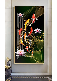 Tranh bóng kiếng Cửu Ngư Quần Hội bên hoa sen BK_0056