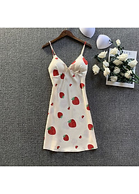 Q121 Váy ngủ lụa hai dây dâu tây kèm mút ngực sexy  - Đầm ngủ lụa dâu tây gợi cảm - Váy ngủ