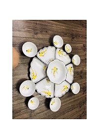 Bộ bát đĩa hoa mặt trời, họa tiết hoa mai vàng. Gốm sứ Bát Tràng.