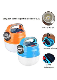 Bóng Đèn Tích Điện V70 50W Siêu Sáng Tích Hợp Đèn Pin Có Sạc Năng Lượng Mặt Trời, Đèn led đa năng đi vườn, cắm trại, picnic, đèn dự phòng khi cúp điện, đèn pin sạc USB