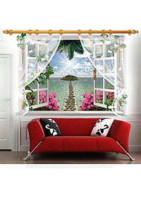 Decal dán tường nguyên miếng cửa sổ hoa đào có rèm SK9020F