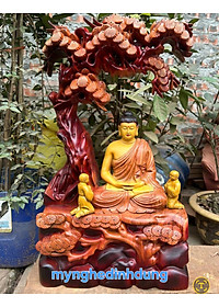 TƯỢNG PHẬT THÍCH CA NGỒI GỐC CÂY TÙNG BẰNG GỖ HƯƠNG ĐÁ TÔ LÀM MẦU GIẢ CỔ KT 50×31×15CM