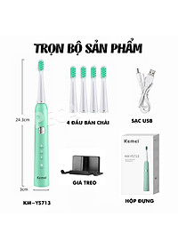 Bàn chải đánh răng điện KEMEI KM-713 công nghệ rung siêu âm 31000 lần/ phút điều chỉnh 6 chế độ đánh bay mảng bám sạch sâu gấp nhiêu lần so với bàn chải thủ công + Tặng kèm 5 đầu bàn chải thay thế - Hàng chính hãng