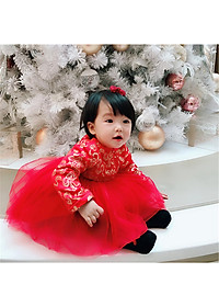 Váy gấm đỏ lót lông bé gái, chất dày dặn đẹp, họa tiết thêu nổi sang chảnh, lông lót mềm ấm, dáng bồng công chúa, có thể mặc sinh nhật, sự kiện, lễ Tết hay mẫu ảnh | MV04
