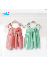 Váy bé gái hai dây đính hoa hồng Haki