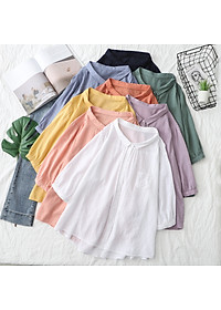 Áo sơ mi kiểu tay lỡ cổ đức, chất liệu Đũi tơ mềm mát, thấm hút mồ hôi, áo kiểu nữ dễ thương, NeSa Shop AT12