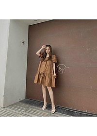 Đầm suông babydoll cổ vuông nhún tầng tay phồng xinh xắn