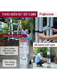 Thang nhôm rút gọn chữ A  FUJIHOME TLA08 ( Chiều cao chữ A  2,5m - Cao chữ I 5m, Khóa an toàn, đế chống trượt) Hàng Chính hãng