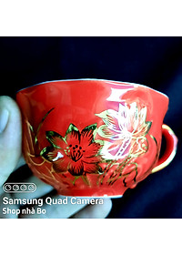 Bộ ấm chén Bát Tràng cao cấp mẫu đơn đỏ vẽ sen vàng
