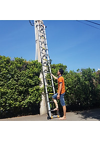 Thang nhôm rút đôi, có bánh xe di chuyển tiện lợi, thanh giằn khóa và thân thang an toàn, chiều cao từ 3,8m - 8m