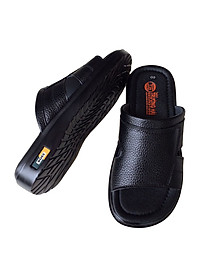 Dép quai ngang nam Trường Hải da bò cao cấp mềm mại không bong tróc màu đen đế PU siêu nhẹ cao 5cm QN025