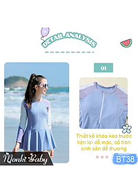 Đồ bơi size lớn cho bé gái, mẫu liền thân tay dài chống nắng, áo tắm big size dáng váy có khóa kéo trẻ em nữ, chất thun bơi lạnh cao cấp | BT38