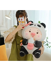 Thú nhồi bông heo cosplay gấu trúc ôm bình sữa - Size từ 25cm đến 85cm - Quà tặng gấu bông heo ôm bình sữa êm mịn cho bé.