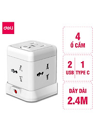 Ổ cắm điện đa năng Deli Công Suất 2500W - Tích Hợp Ổ USB & Type C Thiết Kế Cầu Chì Tự Ngắt Khi Quá Tải, Nắp Chống Giật