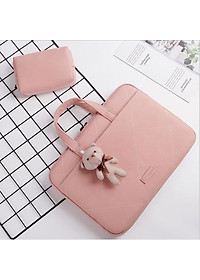 Túi xách da chống sốc cho máy tính, macbook, laptop màu hồng cute - Tặng kèm gấu bông và ví đựng phụ kiện