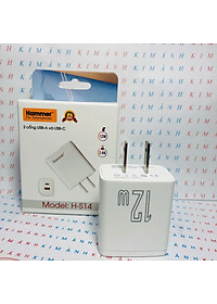Củ sạc Ham mer H-S14, dòng điện 2.4A công suất 12W có 2 cổng (Type C và cổng USB), Check Qr hàng chính hãng