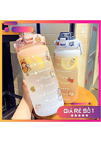 (Tặng sticker) Bình nước 2 lít  dành cho người lười uống nước bình nước cute 2L có ống hút, vạch chia nhắc giờ