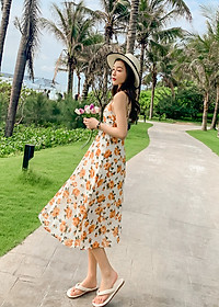 Đầm maxi 2 dây dễ mặc, chất voan mềm mát, họa tiết hoa vàng nhẹ nhàng nữ tính | MX057