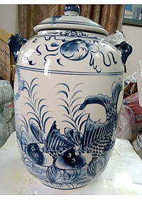 Hũ đựng gạo gốm sứ Bát Tràng vẽ cá chép loại 15L