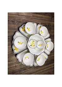 Bộ bát đĩa hoa mặt trời, họa tiết hoa mai vàng. Gốm sứ Bát Tràng.