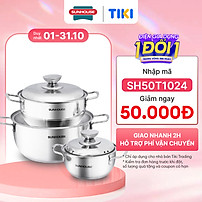 Bộ Nồi Inox 3 Đáy Sunhouse SH335(16cm, 20cm, 24cm ) - Dùng trên mọi loại bếp - Hàng chính hãng
