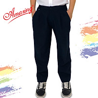 Quần dài xanh đen học sinh Amazing, lưng thun, xếp 2 ly, dây kéo, form rộng, size từ 20 đến 95kg