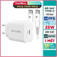 Combo Củ Sạc Nhanh Type-C PPS 25W RAVPower RP-PC156-W và Cáp Type-C To C 60W Dài 1M RP-CB047-W Dành Cho Điện Thoại Android, Cho Samsung, Cho Vivo, Cho Oppo, Cho Xiaomi Và Máy Tính Bảng - Hàng Chính Hãng