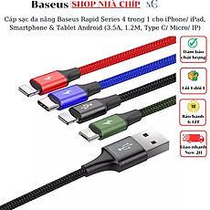 Cáp sạc đa năng Baseus Rapid Series 4 trong 1 cho iPhone/ iPad, Smartphone & Tablet Android (3.5A, 1.2M, Type C/ Micro/ IP , Fast charge 4 in 1 Cable)- Hàng chính hãng