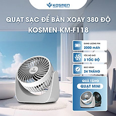Quạt Mini Để Bàn Kosmen F118 Có Lưới Bảo Vệ , Dung Lượng Pin Khủng, Xoay 360 Độ - Hàng Chính Hãng