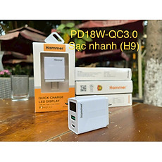 Củ sạc nhanh Ham mer H09 công suất 18W, PD & Quick Charge 3.0A, có LCD hiển thị dòng điện, Hàng chính hãng bảo hành 12 tháng
