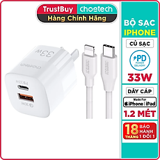Adapter Củ Sạc 33W PPS/ PD 30W / QC 3.0 1 Cổng Type C 1 Cổng USB Nhỏ Gọn CHOETECH PD5006 Sạc Nhanh iPhone, iPad, Samsung - Hàng Chính Hãng