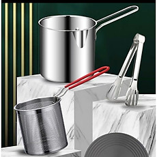 Bộ nồi chiên nhúng ngập dầu mini inox 304, gồm 3 chi tiết (nồi, rây lọc, kẹp gắp) thích hợp chiên khoai tây chiên, trụng bún, hủ tiếu.