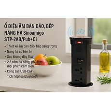 Ổ cắm điện âm bàn đảo bếp Sinoamigo STP-2AB/2Pu+Qi, tích hợp sạc không dây, loa bluetooth, cổng sạc USB-C