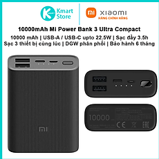 Pin sạc di động 10000mAh Mi Power Bank 3 Ultra Compact | 2*USB-A / 1*USB-C Upto 22.5W | BHR4412GL | Bảo hành 6 tháng | Hàng Chính Hãng