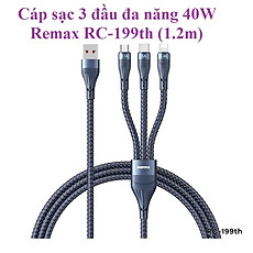 Cáp sạc 3 đầu đa năng 40W Remax RC199th (1.2m) - Hàng chính hãng