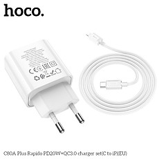 Bộ Sạc Nhanh Dành Cho Hoco. C80A Plus PD20W + QC3.0 Type-C To IP Dây Dài 1m Hàng Chính Hãng