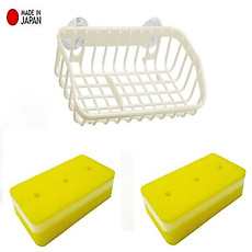 Combo 2 mút rửa xoong nồi 2 mặt thô & mịn cao cấp + giá đựng có núm hít chân không - made in Japan