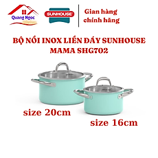 Bộ nồi inox 304 đa lớp liền đáy cao cấp Sunhouse mama SHG702, size 16 20cm, sơn xanh lớp ngoài