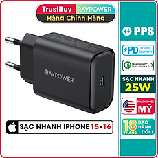 Adapter Củ Sạc Nhanh Đến 25W Type C PPS PD 3.0 QC 3.0 RAVPower RP-PC156 Dành Cho Điện Thoại Samsung, iPhone, iPad - Hàng Chính Hãng